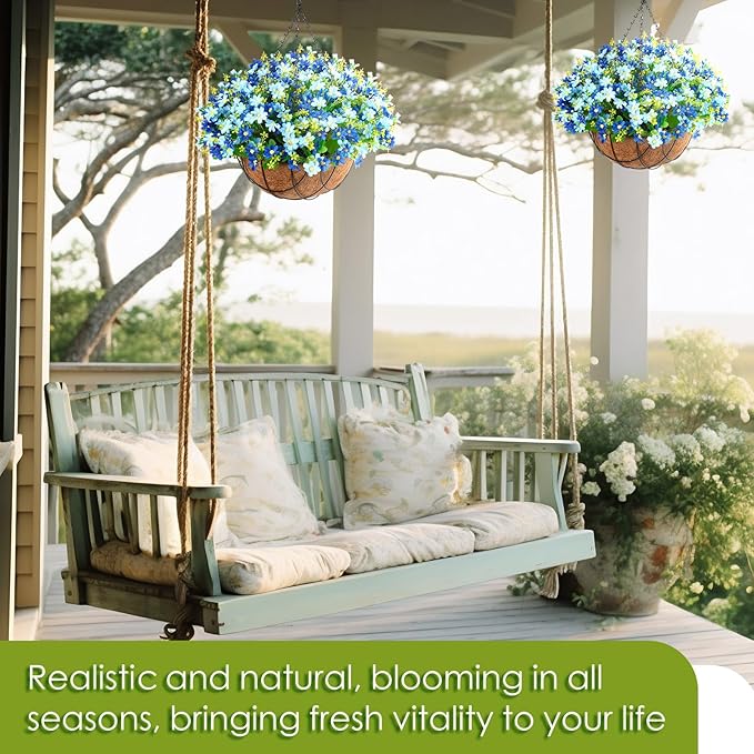 2 Pack Artificial Hanging Baskets with Flowers for Outdoors Fake Hanging Plants for Spring Summer Porch Home Decoration Artificial Daisy Flower Arrangement in Coconut Lining Baskets(Blue)