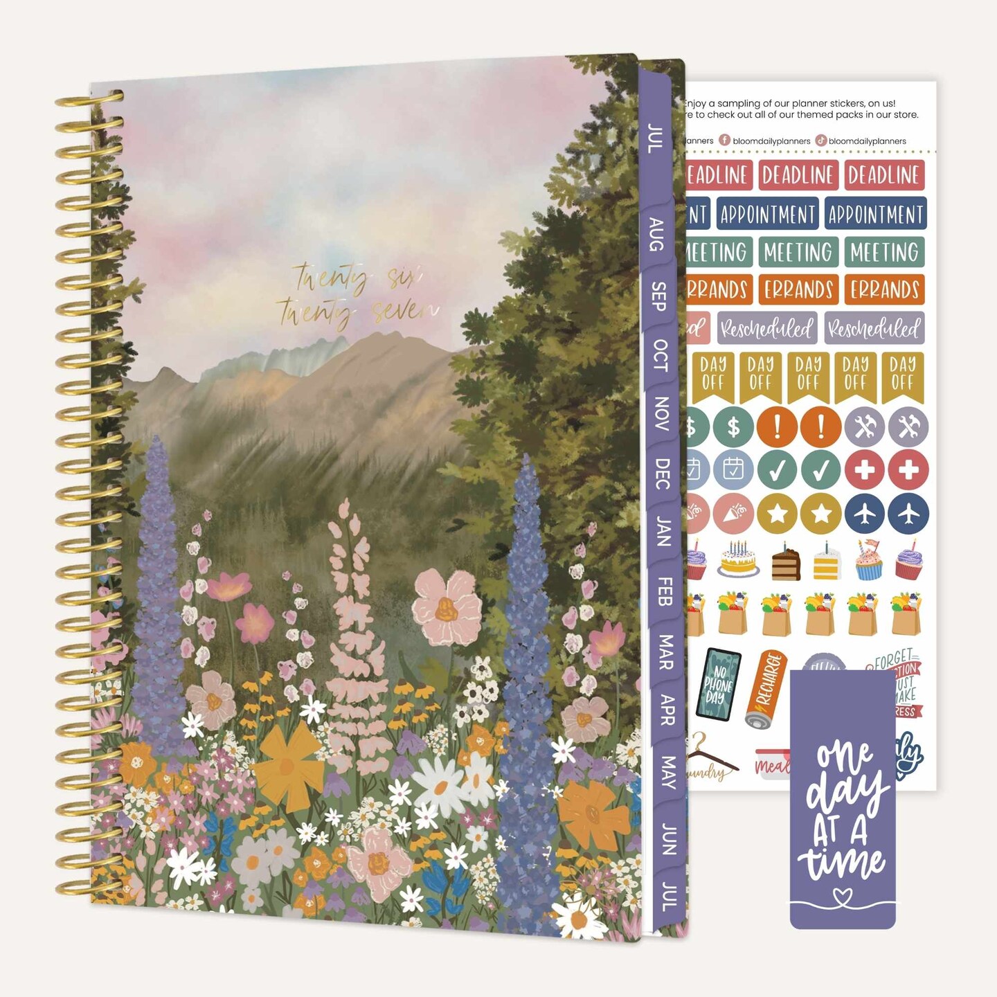 bloom daily planners 2026-2027 Academic Planner, 13 Month Soft Cover Monthly & Weekly, 5.5" x 8.25", Stickers Included, Wildflower Mountainside