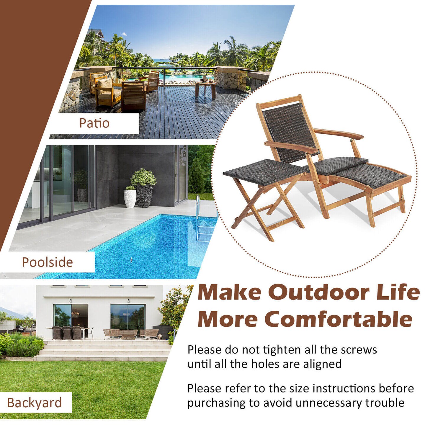 Patio Rattan Folding Chairs with Acacia Wood Table, 2-Piece Outdoor Set