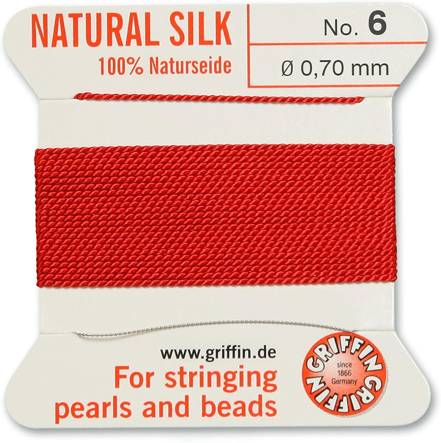 Griffin Silk Bead Cord Perlseide – Size 6 (0.70mm) – 2 Meters per Card – Stainless Steel Needle Attached – for Knotting Pearls, Gemstones, Crystals and Beads
