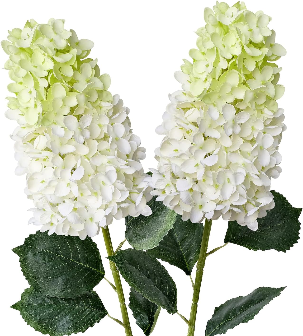 Spring Tabletop Decor – 2Pcs White & Light Green Silk Hydrangea Artificial Flowers, 31.5” Lifelike Faux Panicled Hydrangeas for Tall Vase, Table Centerpieces, Bouquets, Home Dec