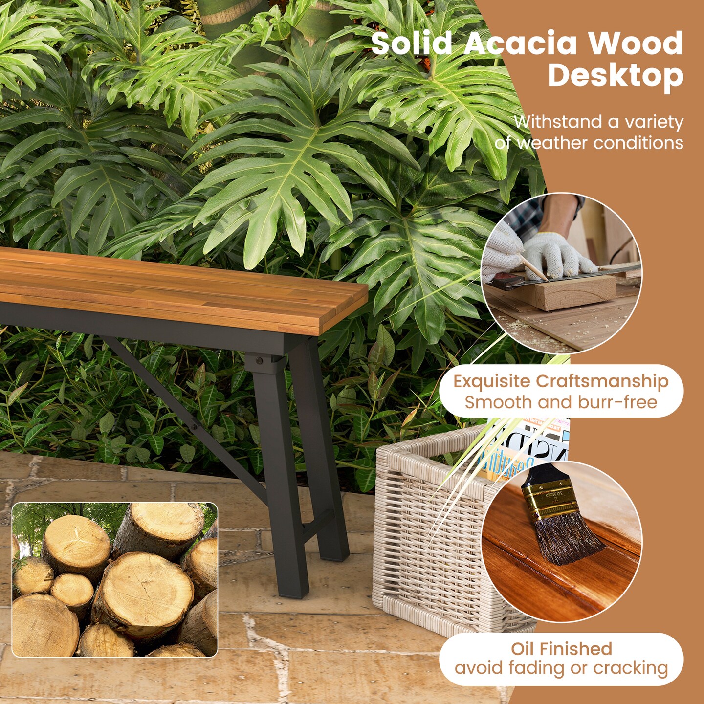 Set of 2 Rectangular Acacia Wood Folding Picnic Set for Outdoor Dining & BBQ