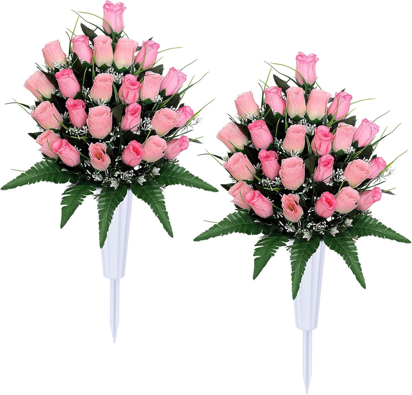 2 Sets Artificial Cemetery Flowers with Vases – Pink Memorial Rose Bouquets for Outdoor Grave Decorations