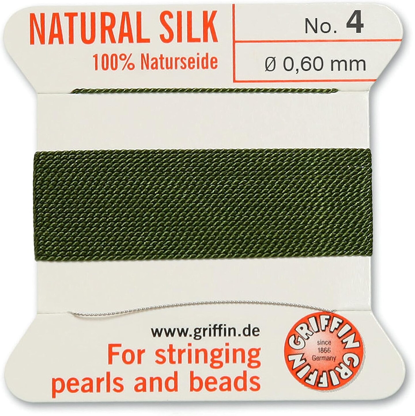 Griffin Silk Bead Cord Perlseide – Size 4 (0.60mm) – 2 Meters per Card – Stainless Steel Needle Attached – for Knotting Pearls, Gemstones, Crystals and Beads