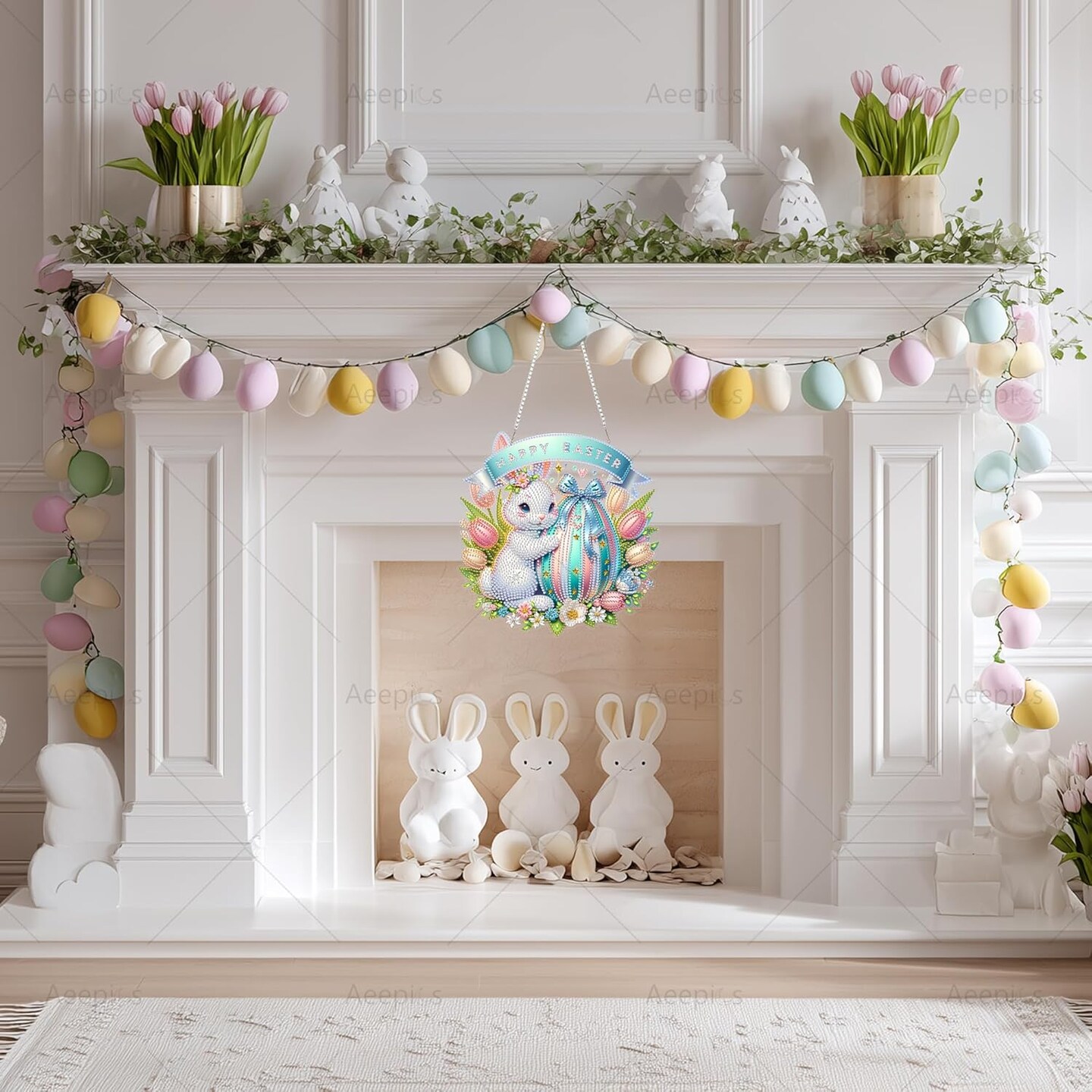 Hanging Diamond Art Kit for Adults – DIY Acrylic Diamond Painting Pendant – Easter Rabbit Diamond Art Board with Chain for Home Decor