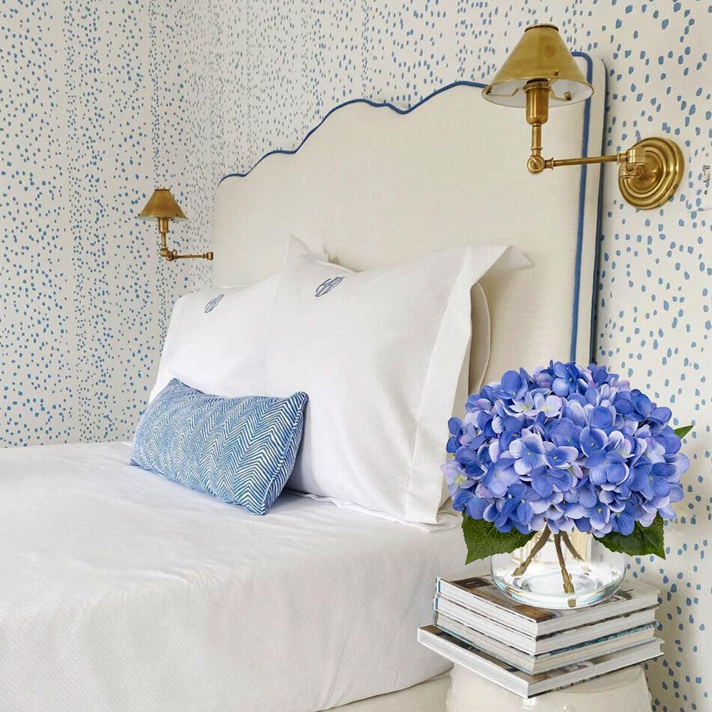 Spring Tabletop Decor – Slate Blue Artificial Hydrangea Flowers with Glass Vase & Faux Water, Silk Hydrangea Arrangement for Home, Bathroom, Office Table Centerpiece, Shelf Decoration