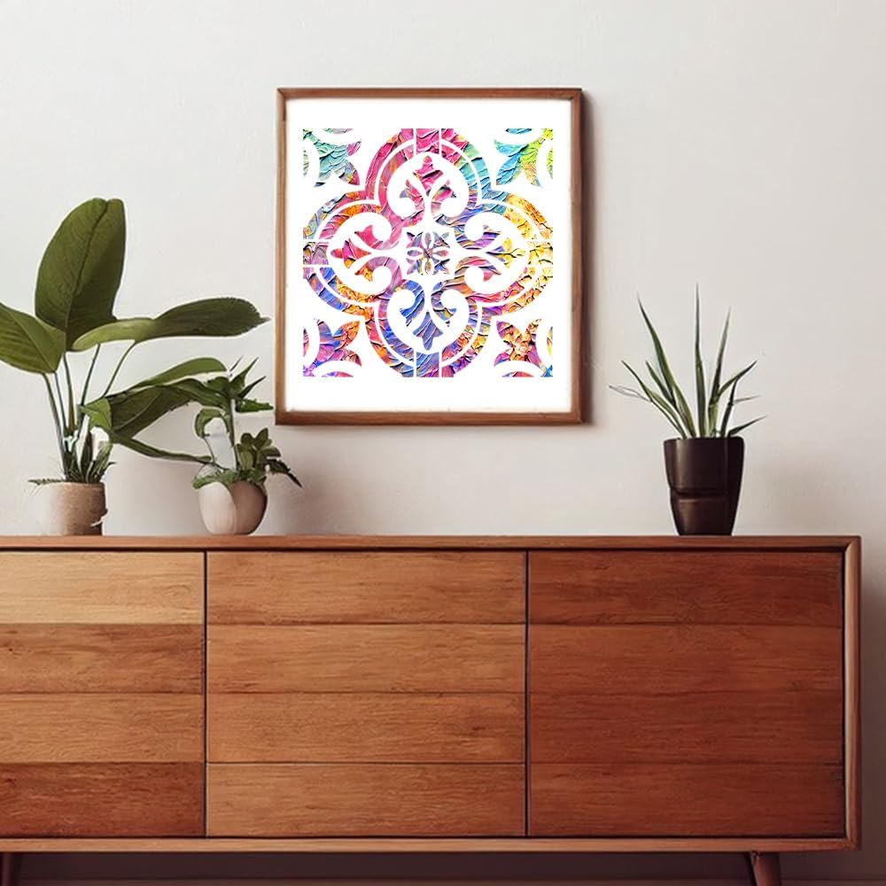 7-Piece Mandala Tile Stencil Kit (12 x 12 Inch) – Reusable Modern Wall & Floor Painting Templates with Bristle Brushes for DIY Home Decor