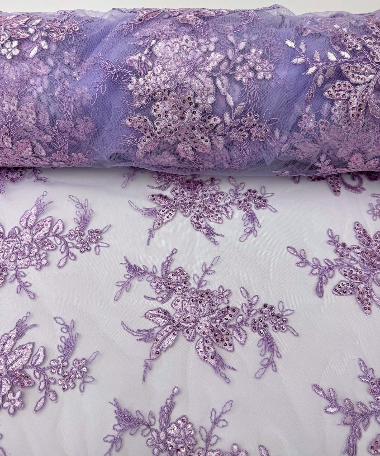 Lavender Sequin Embroidered Lace Fabric by the Yard, 54" Wide Floral Mesh Lace with Double Scalloped Edges