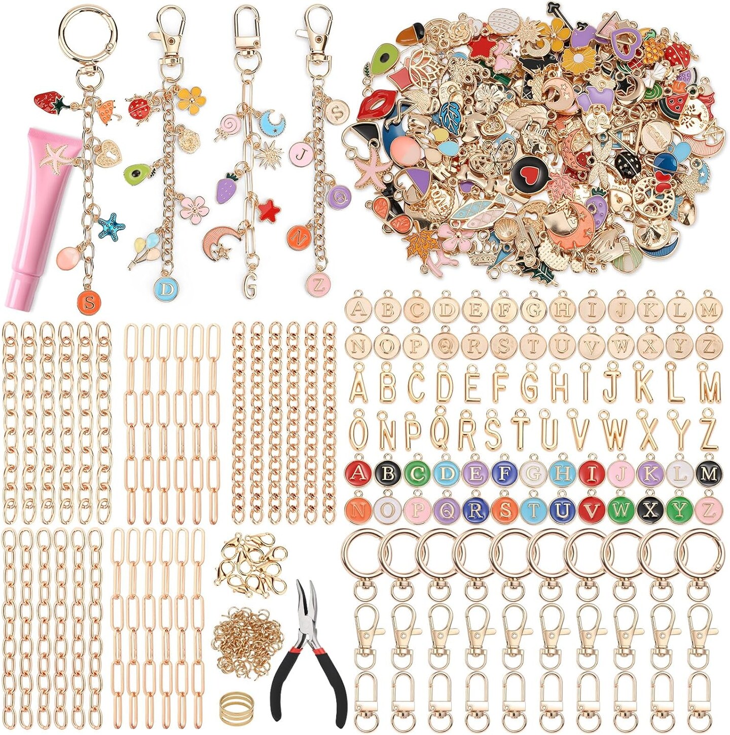 500-Piece Lip Gloss Keychain Making Kit – DIY Craft Set with Charms, Key Chain Hooks, Jump Rings, Lobster Clasps, Chains & Tools for Custom Keychains