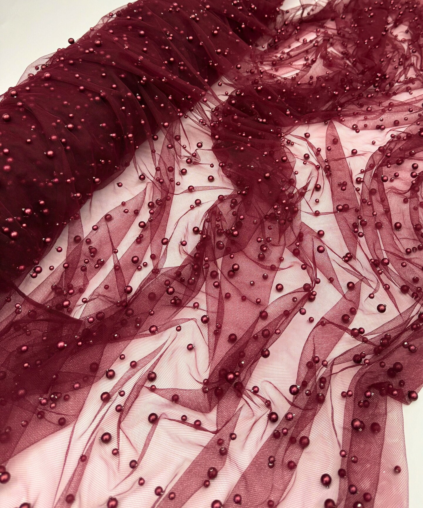 Burgundy Pearl Tulle Fabric by the Yard, 60" Wide Soft Pearl Scattered Mesh