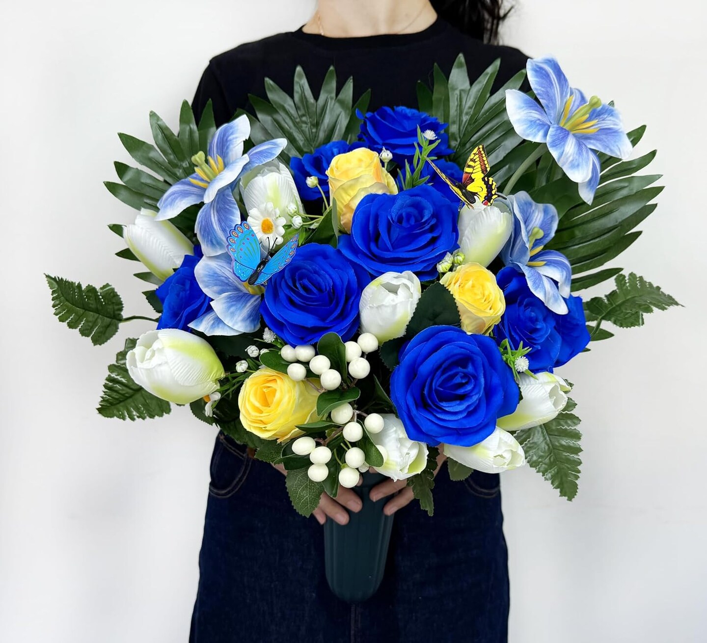 Artificial Cemetery & Memorial Flowers with Vase – Blue Silk Rose & Tulip Gravesite Bouquet, Outdoor Headstone Decoration, Weather-Resistant Memorial Arrangement