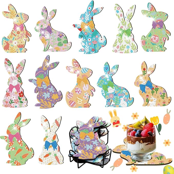 12 Pcs Easter Diamond Art Coasters with Holder Bunny Diamond Art Painting Coasters Kits Rabbit 5d DIY for Adults Supplies Easter Gift
