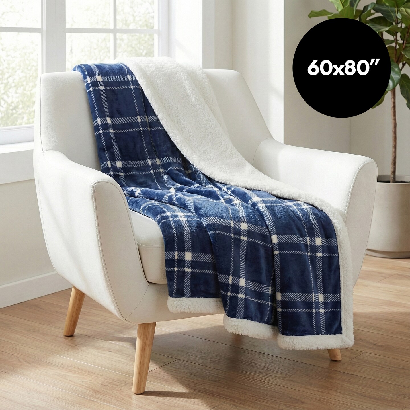 Americanflat 60x80 Oversized Tattersall Fleece Throw Blanket - Reversible Sherpa Backing - Ultra Soft Plush Comfort - Cozy Warmth For Couch Or Bed - Blue