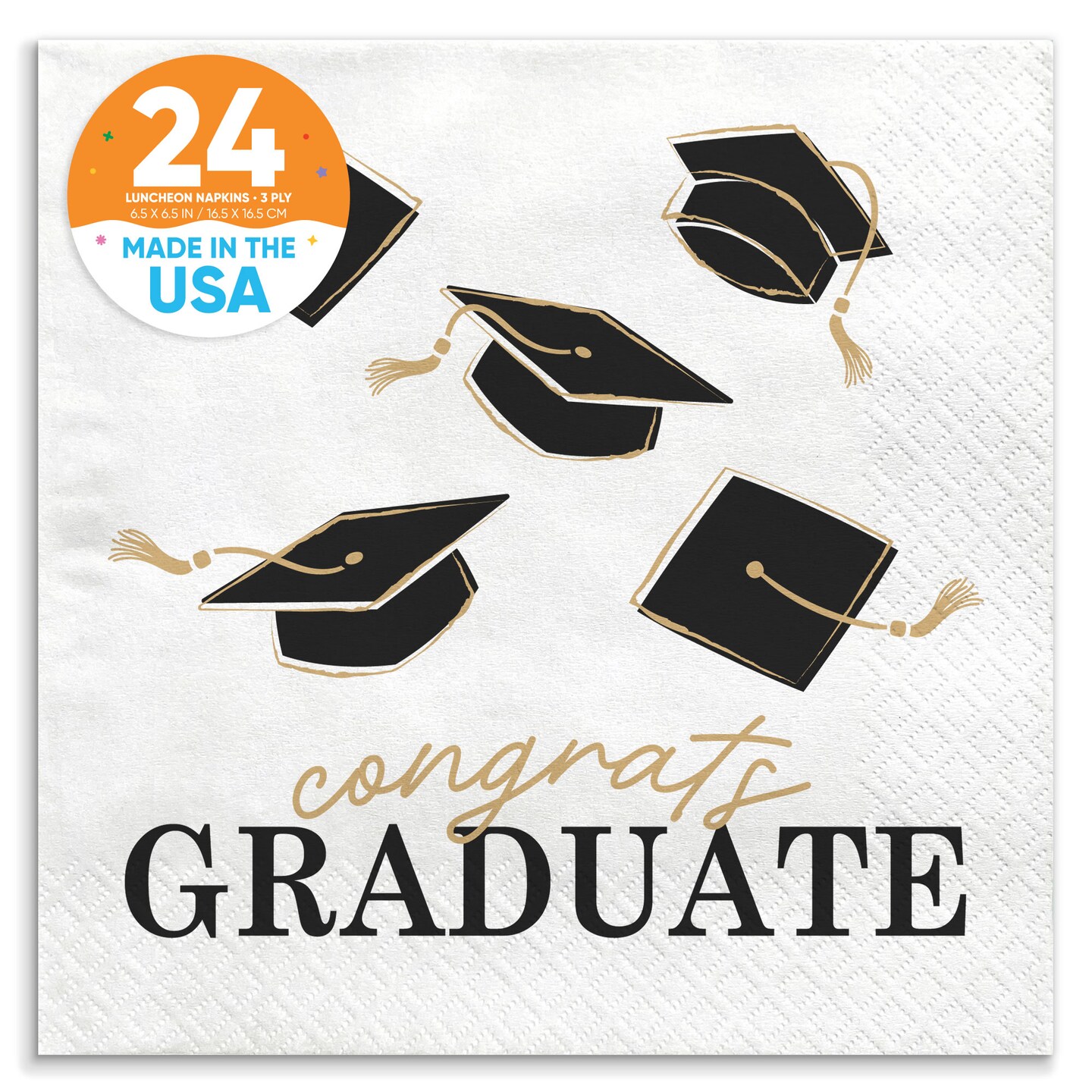 Big Dot of Happiness Black & Gold Graduation Napkins, Congrats Graduate Supplies, Color Printing on White 3-Ply Paper Luncheon Dinner Napkins - 24 Ct