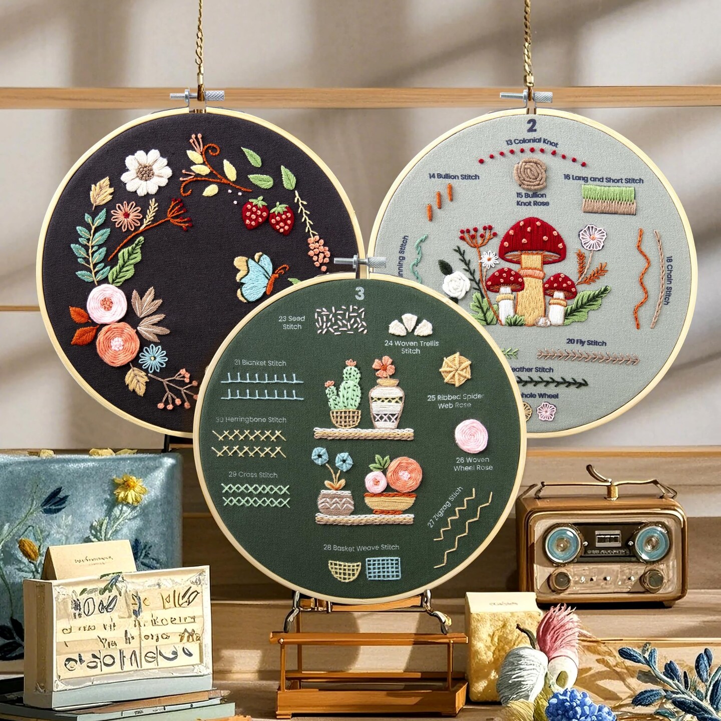 Craftwiz 4-Piece Starter Embroidery Kit for Beginners with Simple Patterns, Learn to Embroider 31 Stitches with Hand Embroidery Kit