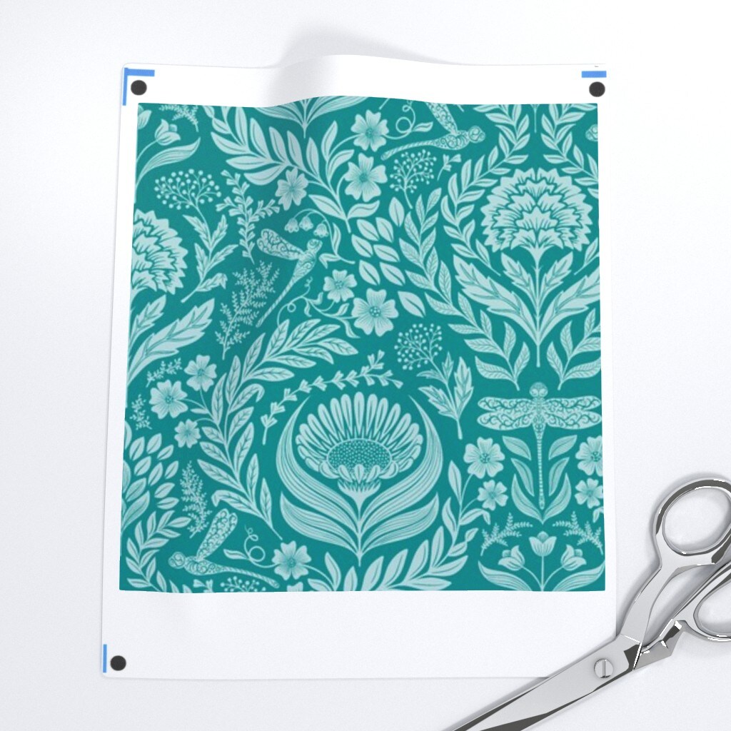 Teal Floral Victorian Whimsical Dragonflies Art And Crafts Maximalist Botanical Nouveau Carnation Chrysanthemum Large Scale Custom Removable Wallpaper by Spoonflower Peel & Stick Wallpaper 2FT Wide
