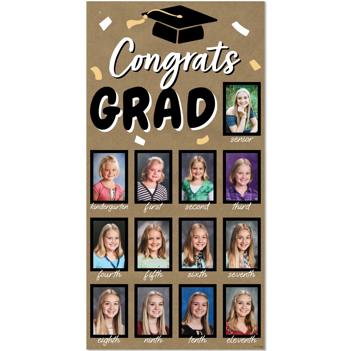 Big Dot of Happiness Black and Gold Grad Kraft Photo Banner, Brown Paper K-12 Timeline Display for 4x6 Pictures, High School Graduation Party - 1 Ct