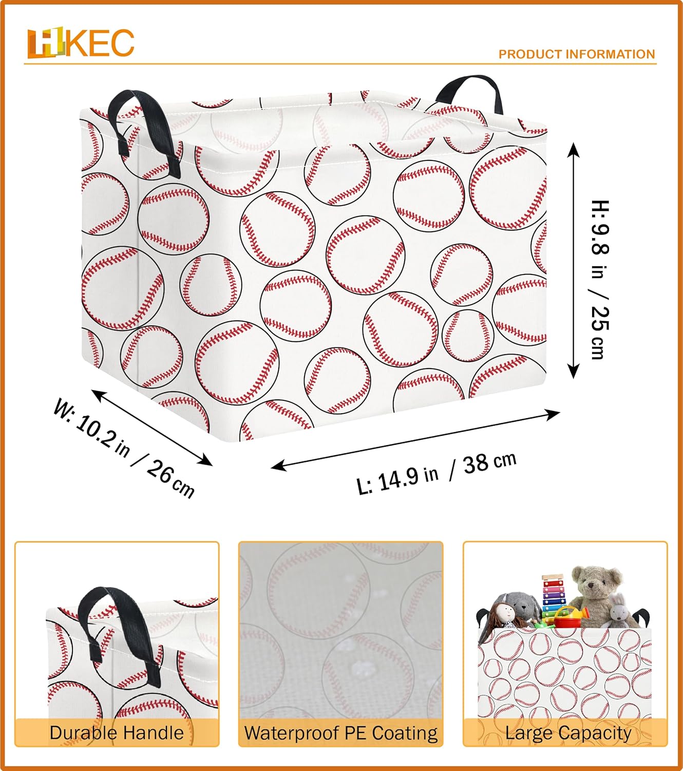 Rectangle Storage Basket,Gift Basket Empty with Handles for Kids,Cute Organizer Toy Bin,Room Decor(Big Baseball)