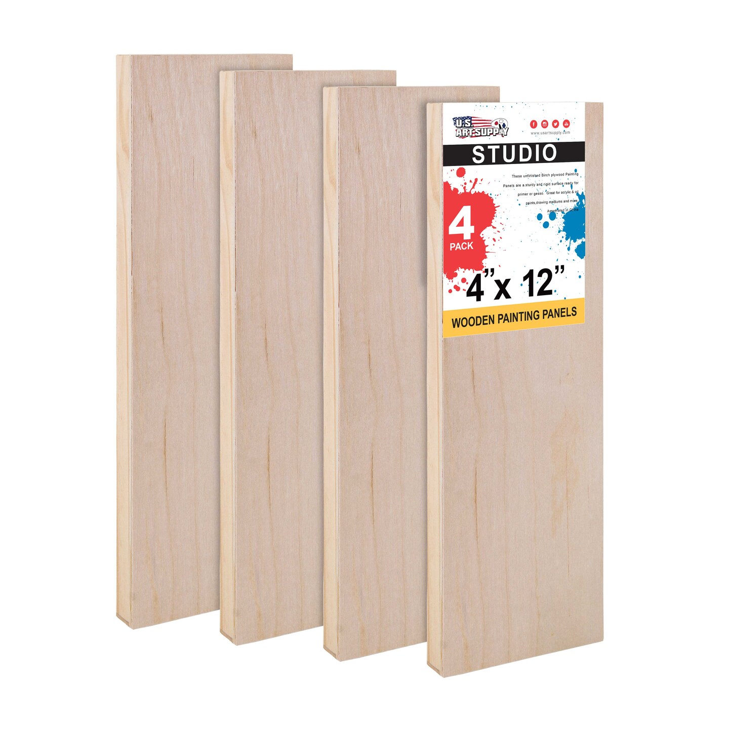 Unfinished Cradled Wood Panels for Painting, 4 Pack of 4x12 inch - Studio Birch Wooden Canvas Boards 3/4" Deep - Mixed-Media Craft, Acrylic, Oil, Encaustic, Paint Pouring Panel Board