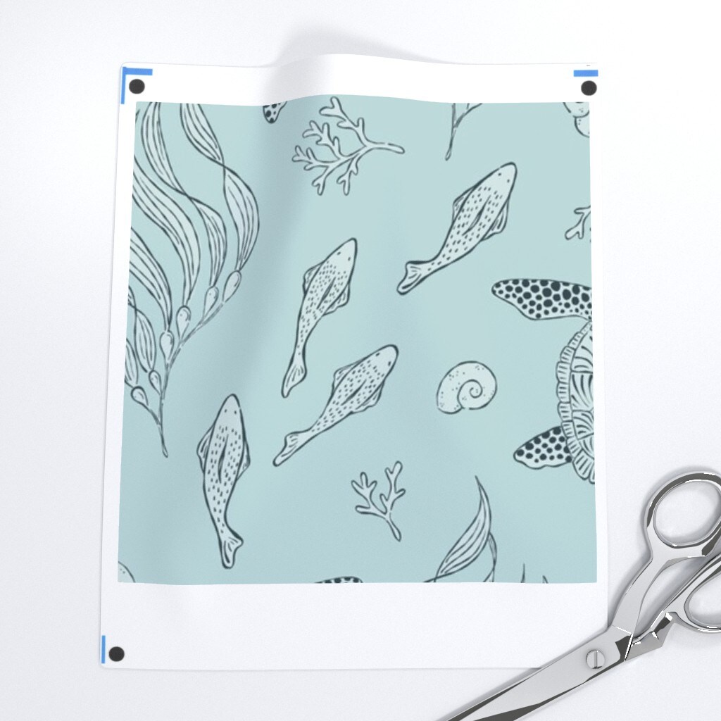 Blue Aqua Hand Drawn Ocean Sea Turtles Seaside Beach Coastal Fish Large Scale House Chic Custom Printed Fabric by Spoonflower Various Fabrics by the Yard or Fat Quarter