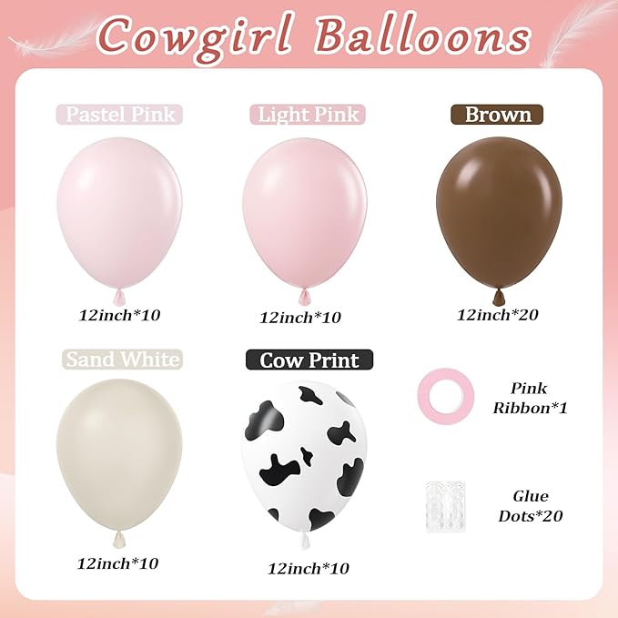 60pcs Cow Print Balloons 12inch, Brown Sand White Pastel Light Pink Cow Balloons for Farm My First Rodeo Country Baby Shower Birthday Party Decorations