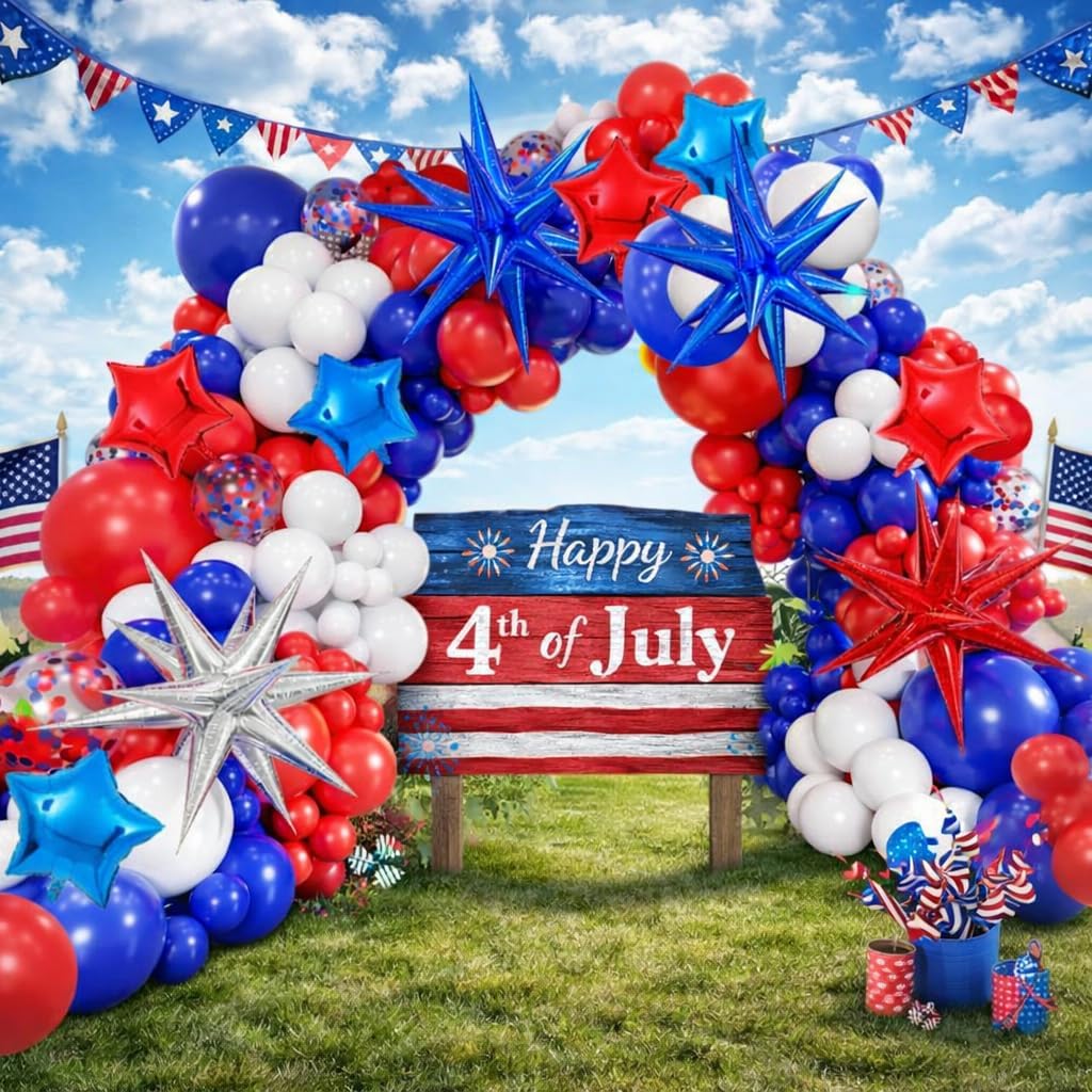 162-Piece Red, White & Blue Balloon Arch Kit – 4th of July Patriotic Balloon Garland with Star Balloons for Birthdays, Graduations, Weddings & Celebration Decorations