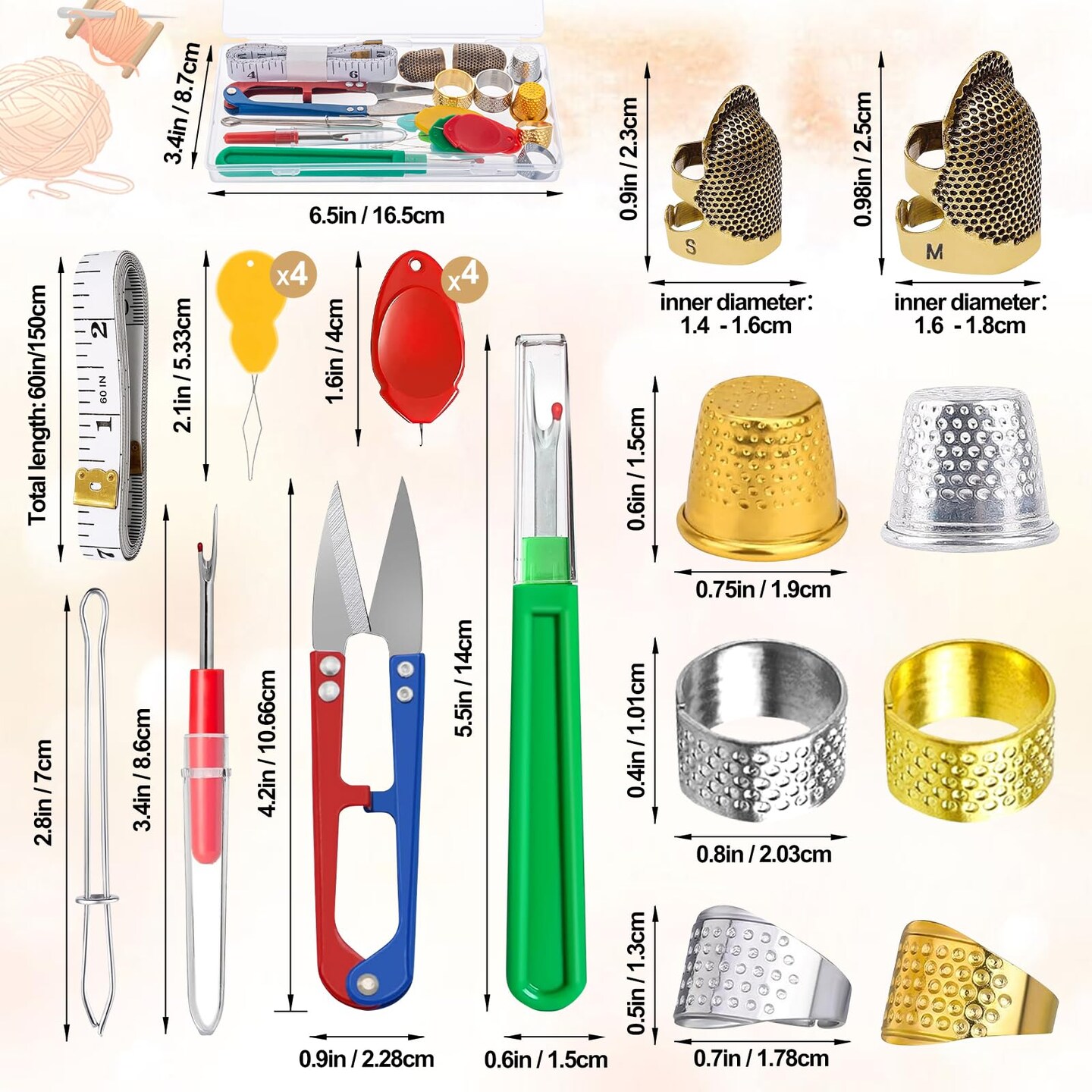 20 Pcs Sewing Thimble Kit,thimbles for Hand Sewing,Needle threaders,Seam Rippers for Sewing,Measuring Tape and Thread Snips, Hand Embroidery Craft(Complete Sewing Kit)