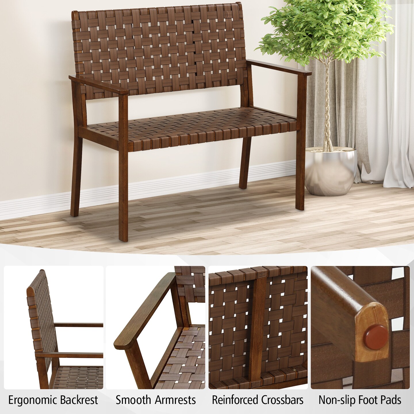 Solid Rubberwood Outdoor Bench with All-Weather PU Leather Seating