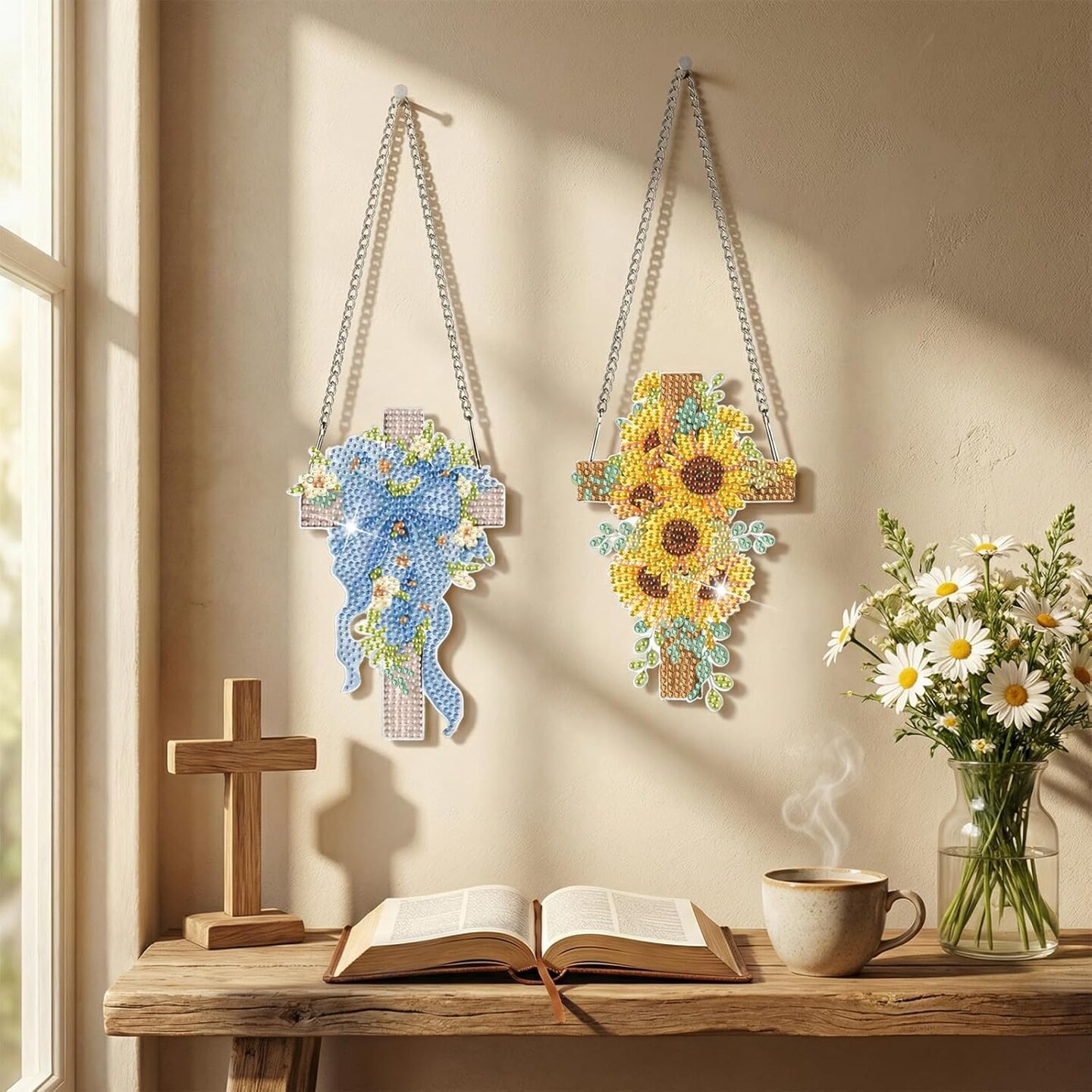 12-Pack Spring Easter Diamond Art Kit – 5D DIY Cross & Flower Hanging Pendants – Religious Diamond Painting for Adults, Home & Office Decor, Easter Christian Gifts
