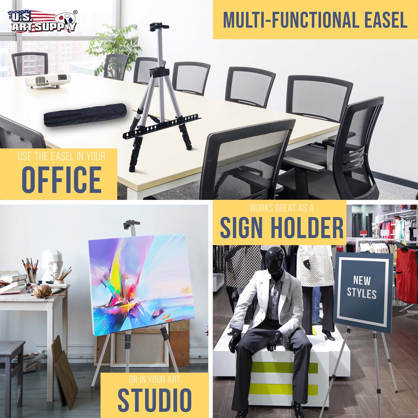 U.S. Art Supply 66" Silver Metal Tripod Easel Display - Adjustable 18"- 5.5', Holds 36" Canvas - Floor/Tabletop Easel Stand, For Sign Display, Painting, Poster Board, Canvas - Portable Bag