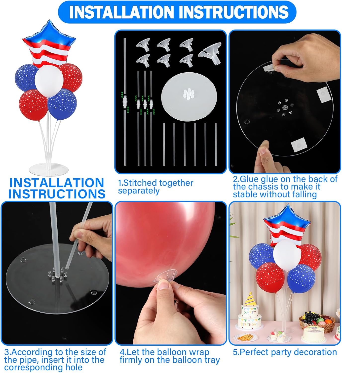 4th of July Table Balloon Stand Kit – 2 Sets with American Flag Star Foil Balloons