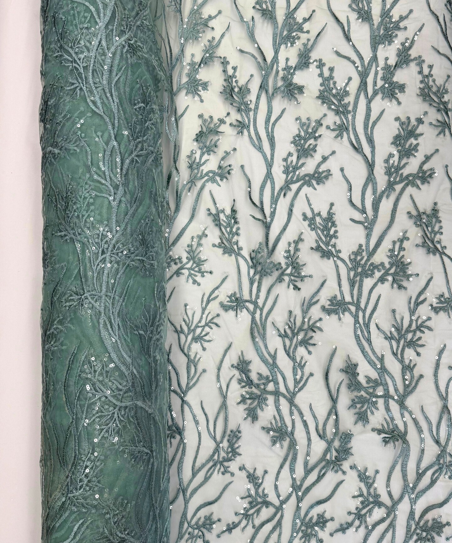 Mint Sequin Embroidered Lace Fabric by the Yard, 54" Wide Floral Mesh Lace with Double Scalloped Edges