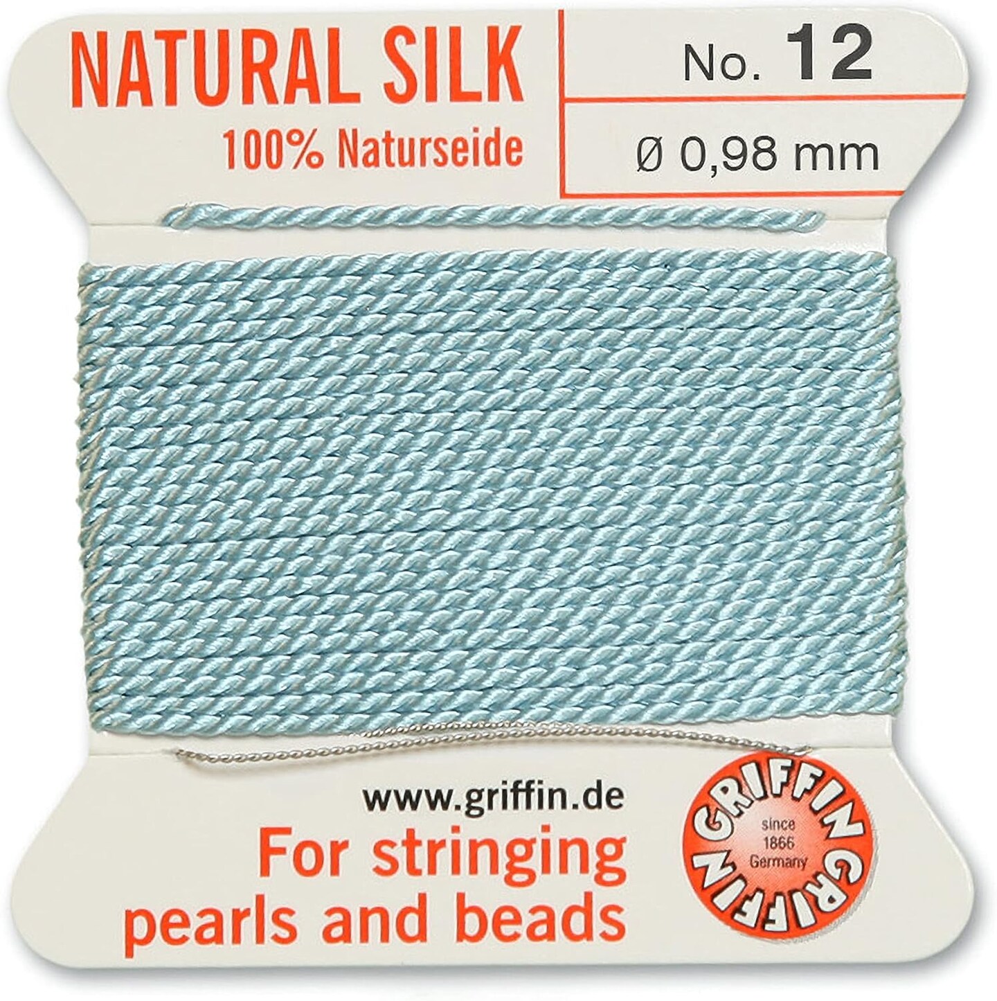 Griffin Silk Bead Cord Perlseide – Size 12 (0.98mm) – 2 Meters per Card – Stainless Steel Needle Attached – for Knotting Pearls, Gemstones, Crystals and Beads