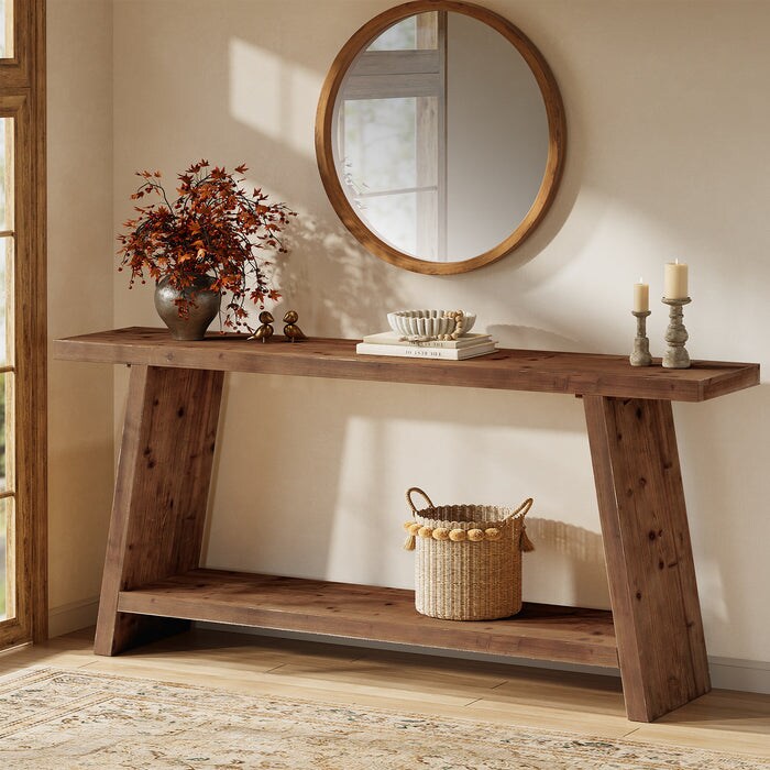 70.9" Solid Wood Entryway Console Table with 2-Tier Storage Shelf