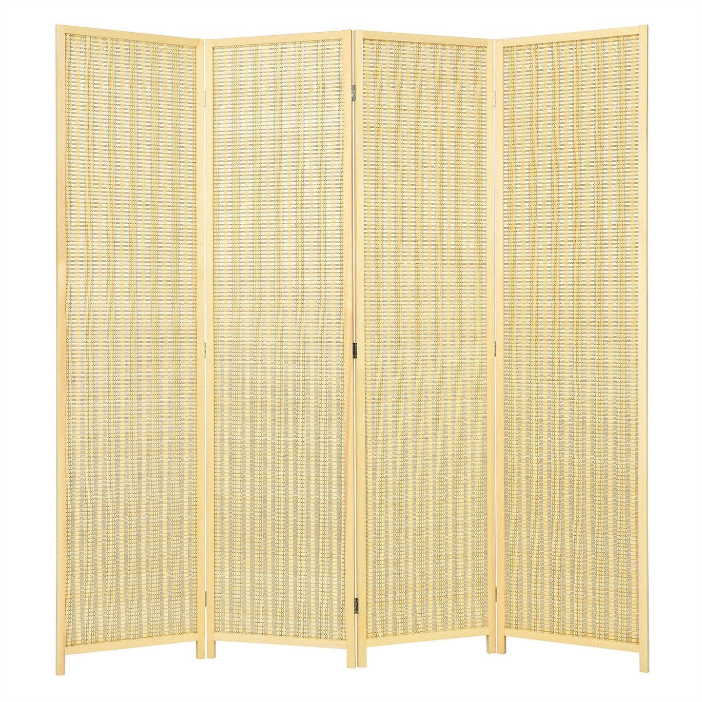 Natural Wicker and Pine Wood Folding Room Divider with 4 Panels