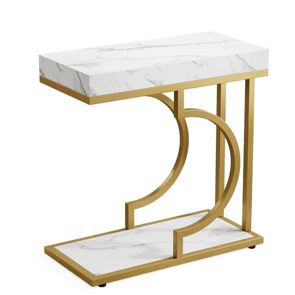 Modern C Shape End Table Faux Marble Side Table Gold Metal Frame