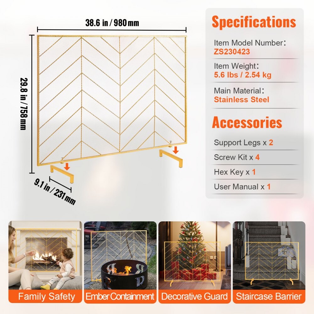 Fireplace Screen 38.6 in Iron Mesh Spark Guard Hearth Screen Gold