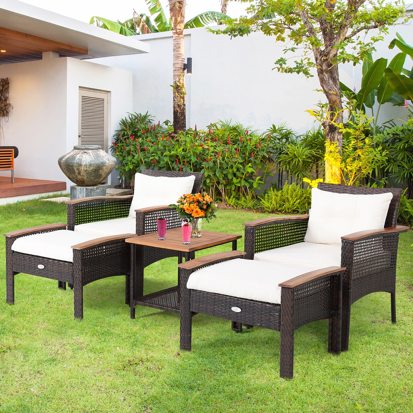 5 Pieces Mix Brown Rattan Patio Set with Off-White Cushions and Acacia Table