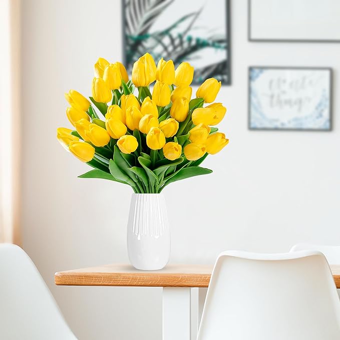 15 Pcs Fake Tulips Artificial Flowers Real Touch PU Faux Flowers Tulip Stems for Wedding Spring Bouquet Floral Arrangement Home Party Office Decorations for Mother's Day (Dark Yellow)