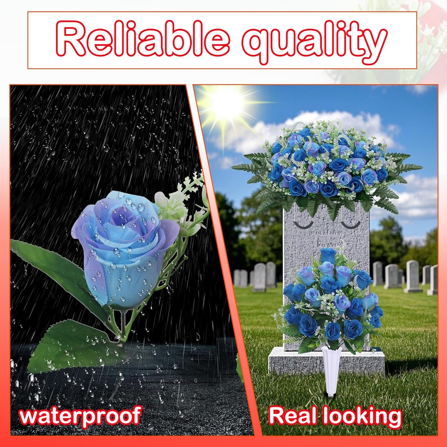 3pcs Headstone Flower Saddles for Tombstone – Cemetery Memorial Bouquets with Vase, Artificial Rose Headstone Flowers Saddle (Blue)