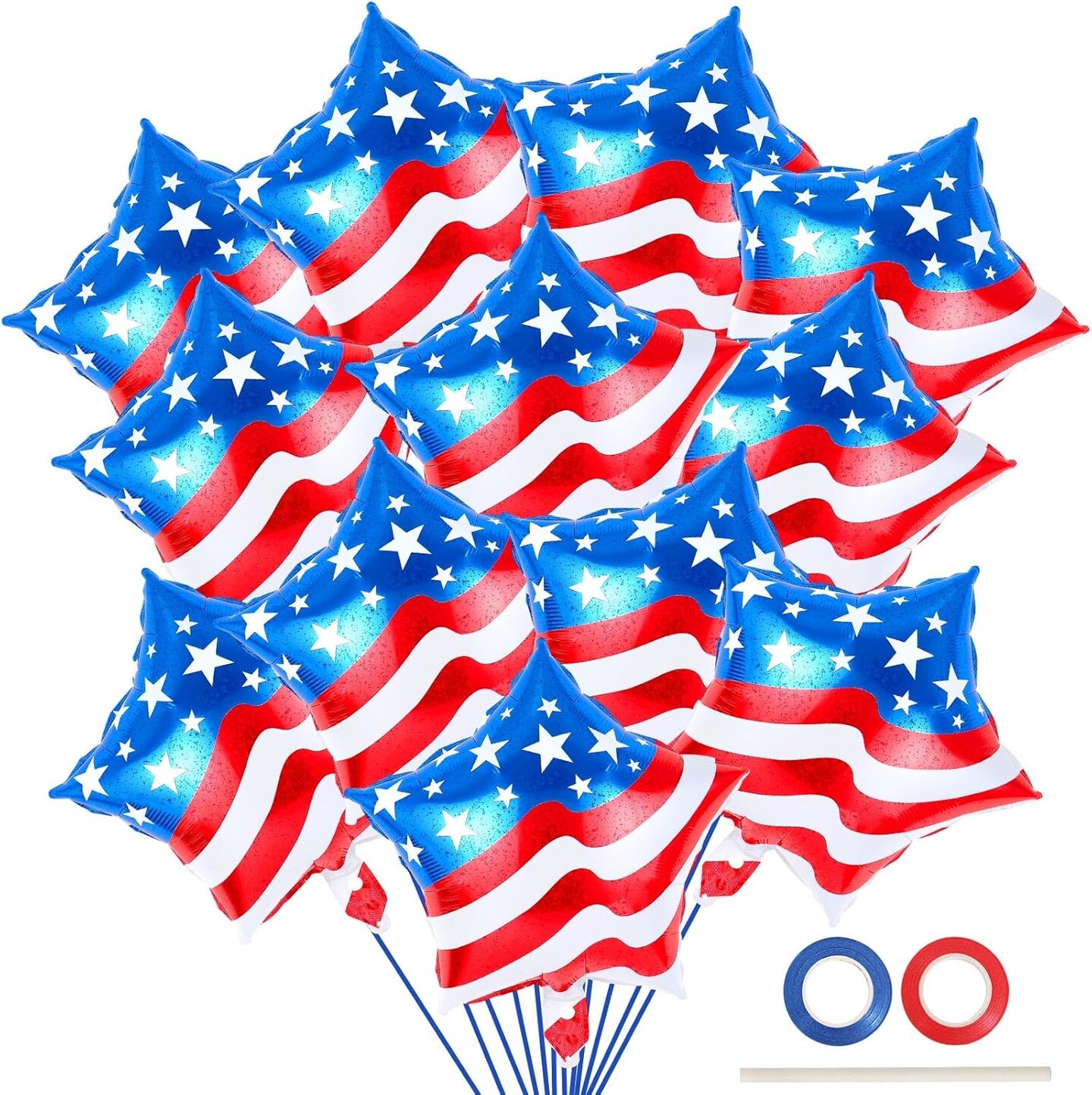 24-Piece 4th of July Balloons – 18-Inch American Flag Star Foil Balloons with Ribbons & Straw for Independence Day, Memorial Day & Patriotic Party Decorations