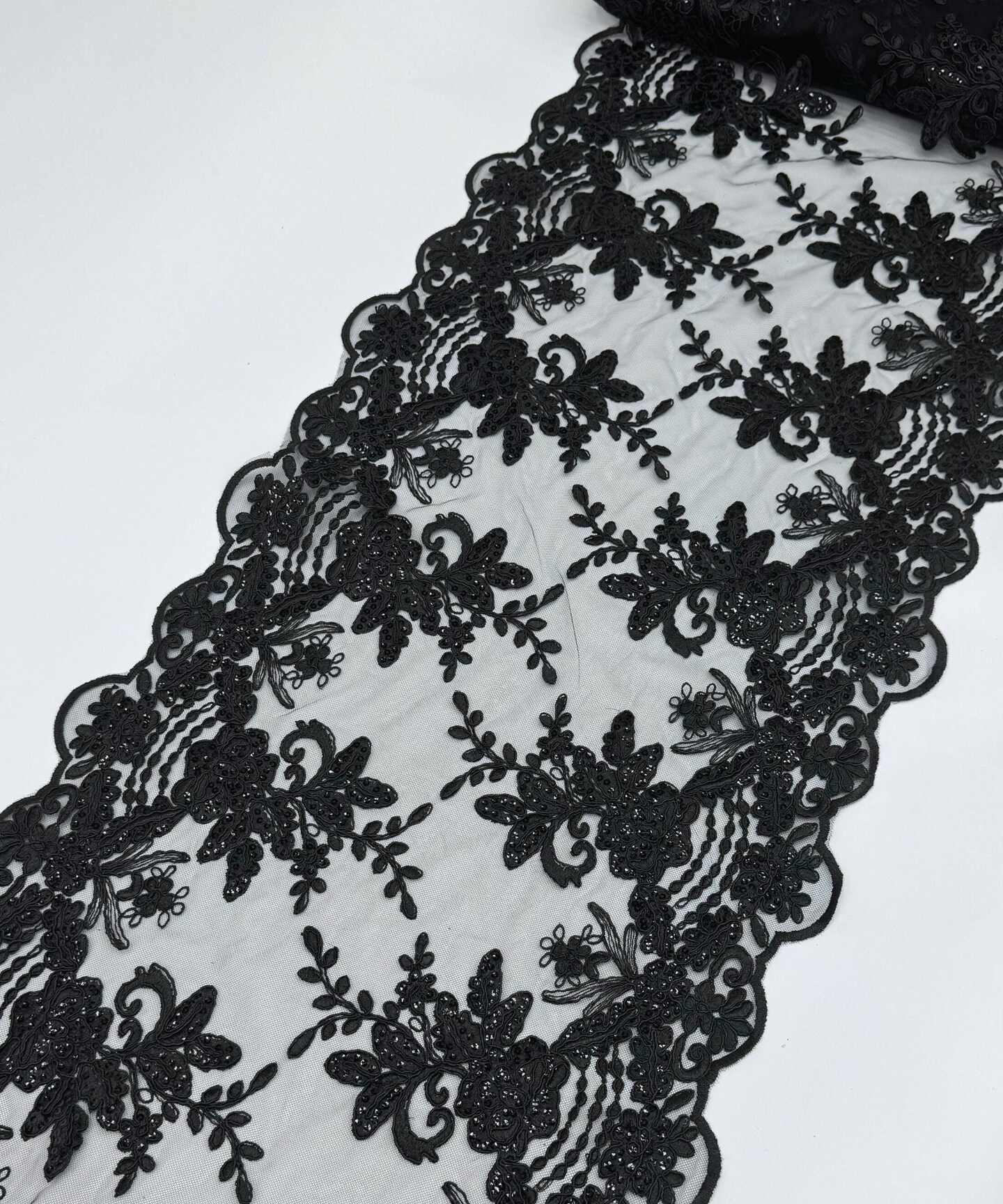 Black Floral Embroidered Lace Table Runner by the Yard, 14" Wide Sequin Mesh Lace Trim with Scalloped Edges