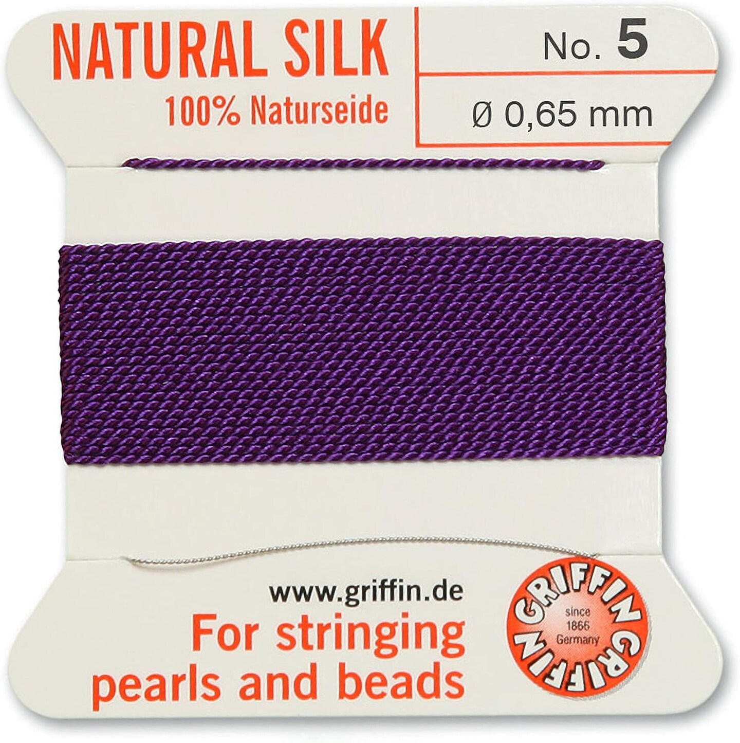 Griffin Silk Bead Cord Perlseide – Size 5 (0.65mm) – 2 Meters per Card – Stainless Steel Needle Attached – for Knotting Pearls, Gemstones, Crystals and Beads