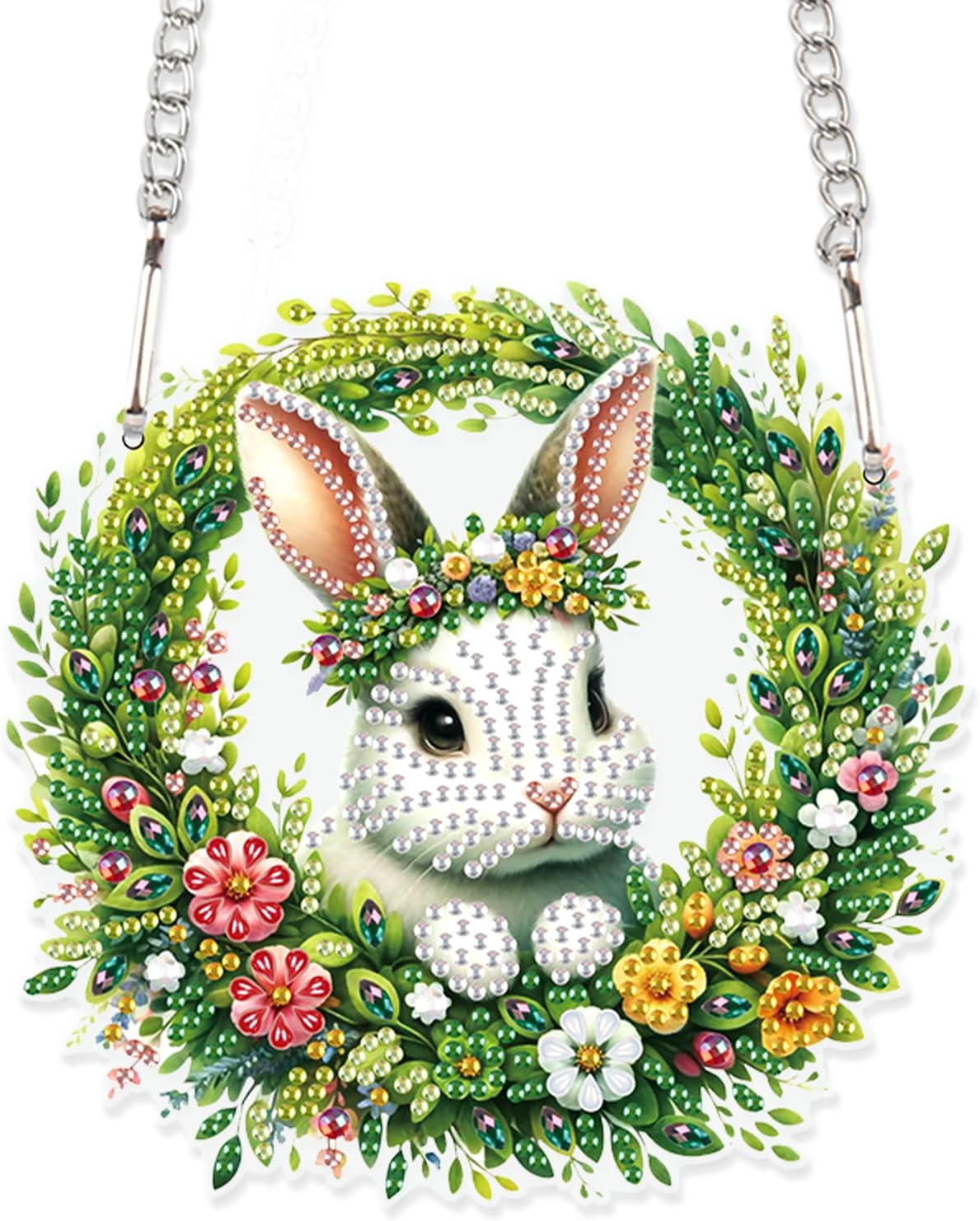 DIY 5D Diamond Painting Hanging Kit – Easter Bunny Wreath Pendant – Floral Diamond Mosaic for Wall, Window & Home Decor – Handmade Gift for Adults