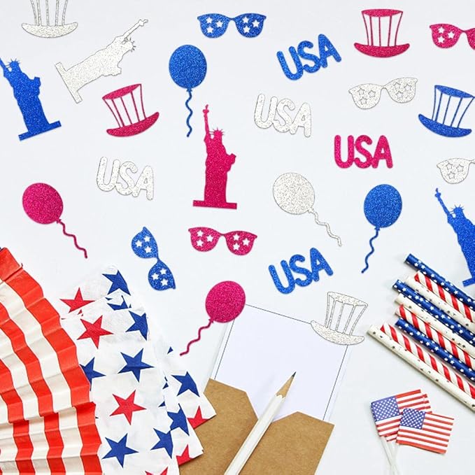200 PCS Veterans Day Patriotic Confetti Decorations for Table, USA Balloon Sequins Glitter Blue Red Table Confetti Statue of Liberty Paper Confetti for Patriotic Decorations Labor Day Party