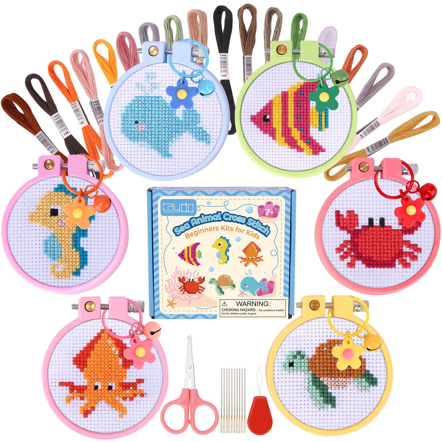 6 Pieces Sea Animal Cross Stitch Kit for Kids with Stamped Aida Cloth, Embroidery Hoops, Keychains, Embroidery Tools and Instructions for Beginners DIY Craft Ornament