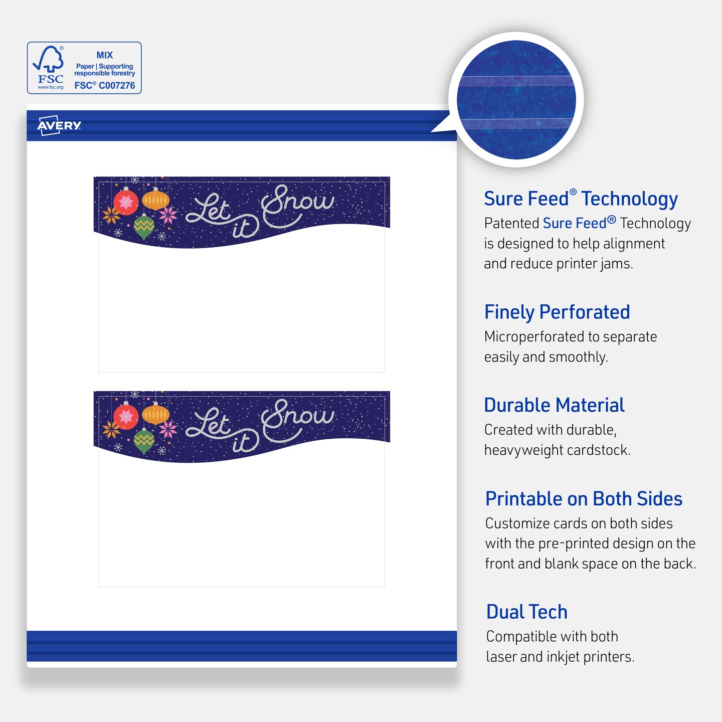 Avery Printable Rectangle Postcards, 4" x 6", Matte White, Pre-printed Let It Snow Design, Sure Feed Technology, Laser & Inkjet Compatible, 40 Total, Great for Branding, Marketing, and Events