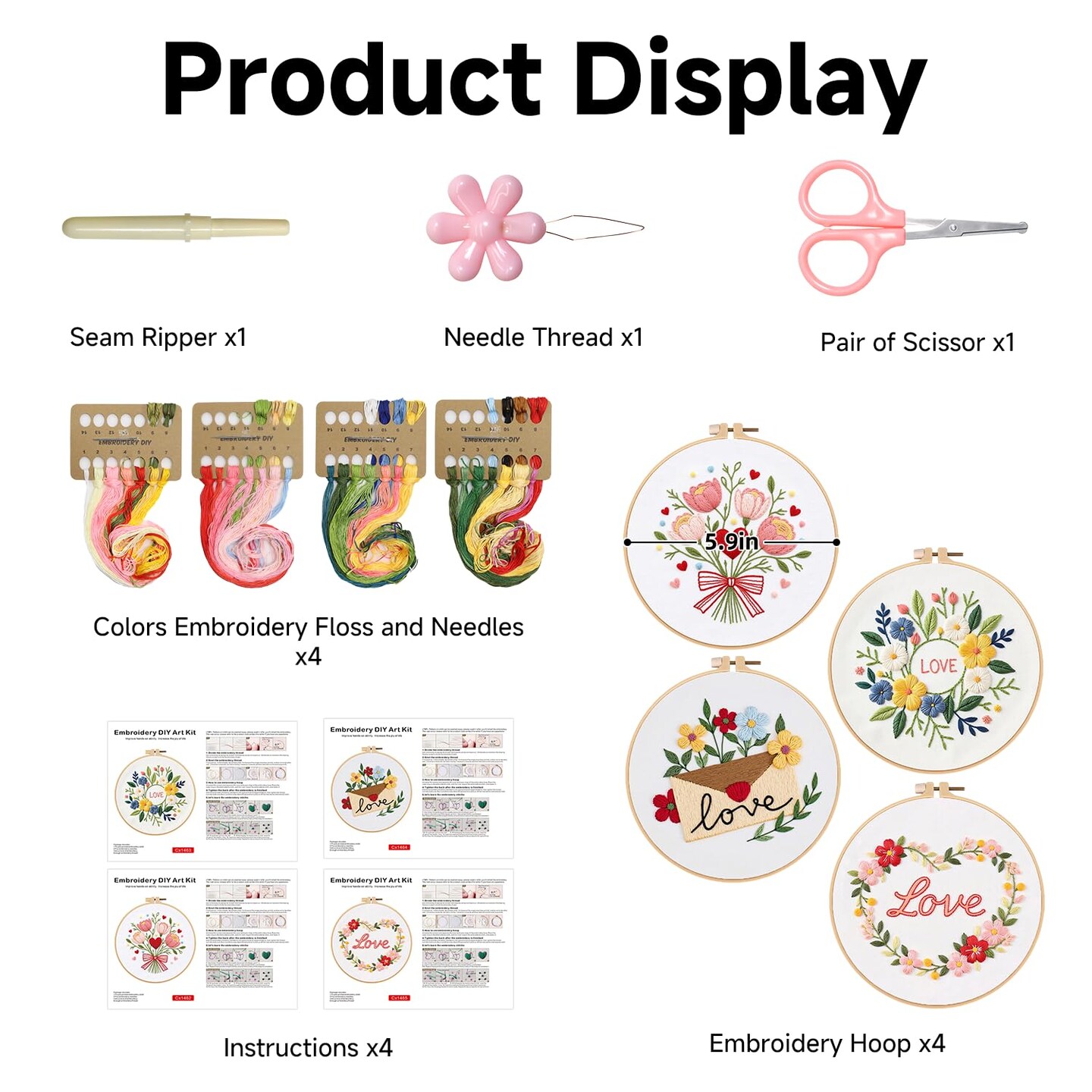 Valentines Embroidery Kit, DIY Embroidery Starter Kit for Adults & Beginners, DIY Needlepoint Kit with Embroidery Hoop Thread Needle for Craft Lover Birthday Gifts (Valentines-4 Set)