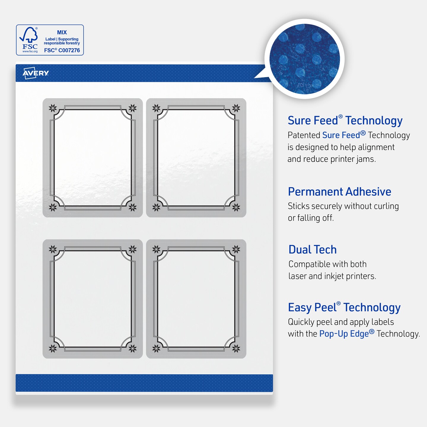 Avery Printable Labels with Sure Feed Technology, Rectangle, 4" x 3-1/3", Pre-Printed Metallic Silver Border with Black Snowflakes Design, Glossy White, Laser & Inkjet Compatible, 40 Total