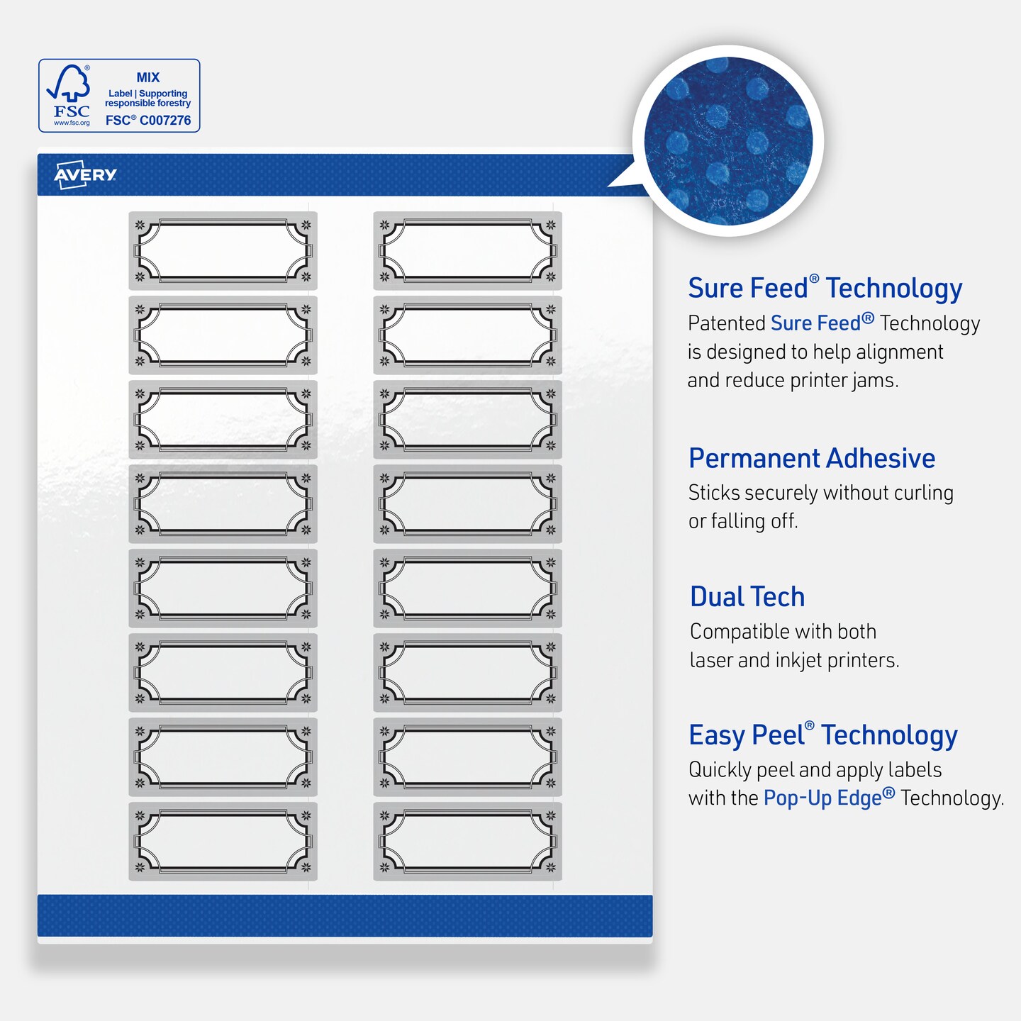 Avery Printable Rectangle Labels, 1" x 2-5/8", Glossy White, Pre-printed Metallic Silver Border/Black Frame Design, Sure Feed Technology, Laser & Inkjet Compatible, 320 Total